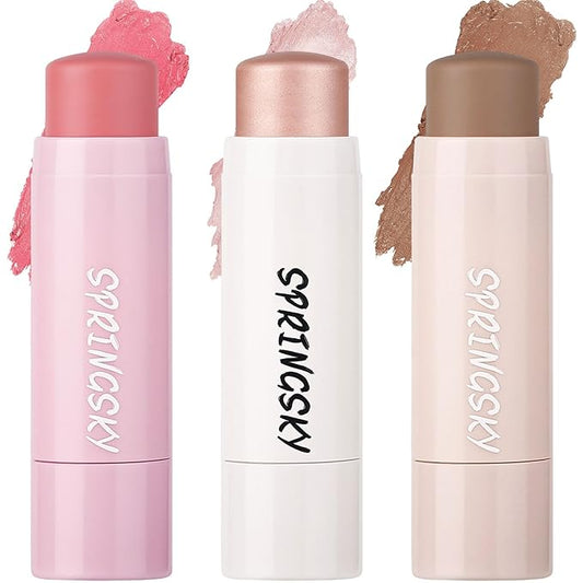 Face Stick Trio 3Pcs Multi Makeup Blush Highlighter Contour Sticks, Buildable Blendable Lightweight Cream Blush Stick for Cheeks Lips Make Up For Women (05)-VivaGrace Women