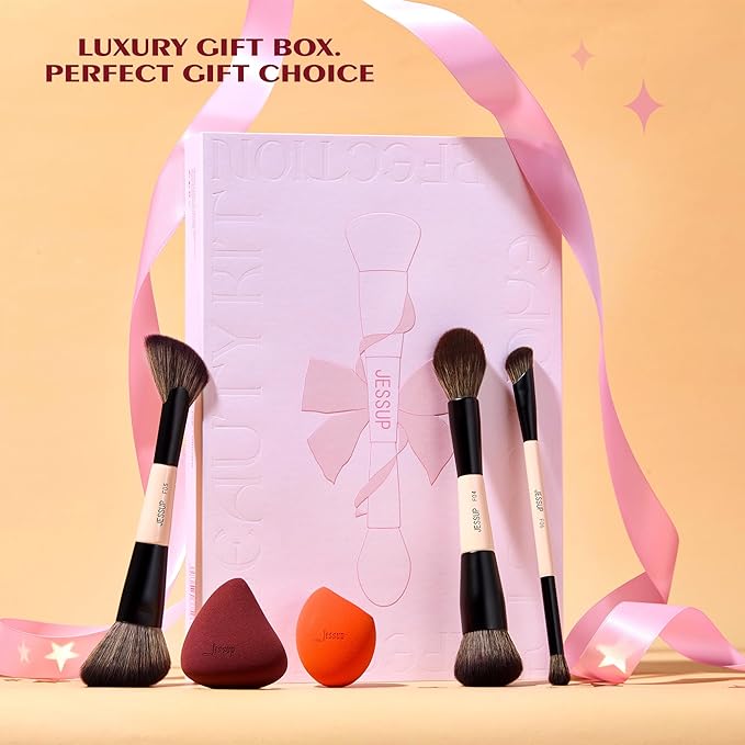 Jessup Makeup Brushes Set with Makeup Sponge, 7pcs Double Sided Makeup Brushes for Foundation Concealer Blush Eyeshadow Contour Bronzer Powder Blending Eyebrow Eyeliner with Gift Box, T506-VivaGrace Women