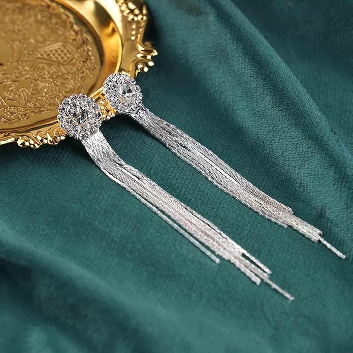 Vintage Crystal Chandelier Dangle Earrings Rhinestone Tassel Chain Earrings Wedding Chandelier Earrings Silver Full Cz Chain Earrings Jewelry for Women-VivaGrace Women