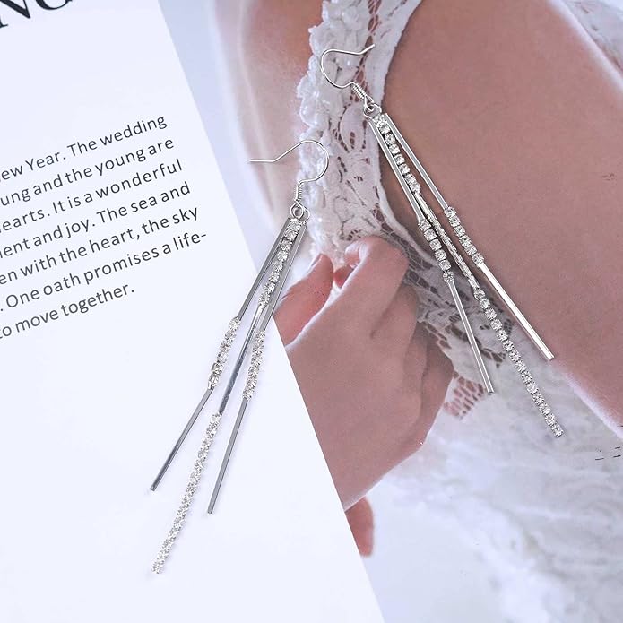 Vintage Crystal Tassel Earrings Rhinestone Bar Drop Earrings Long Rhinestone Chain Earrings Gold Cz Bar Hook Earrings Sparkle Tennis Chain Earrings Jewelry for Women-VivaGrace Women