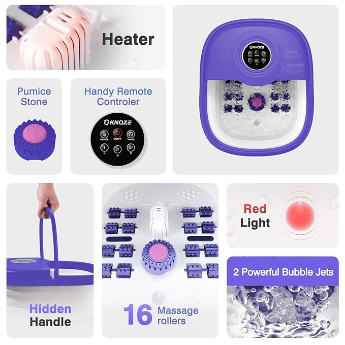 Collapsible Foot Spa with Heat, Remote Control, Temperature Control, Bubbles, Pumice Stone, Red Light, Timer, 16 Massage Roller Pedicure Foot Bath Tub Foot Soaker for Feet Stress Relief, Purple-VivaGrace Women