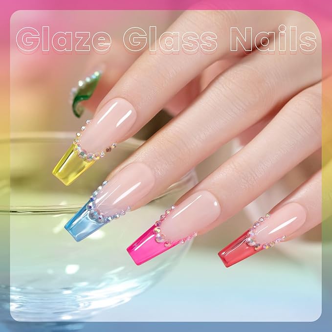 RARJSM Colorful Stained Glass Gel Nail Polish Set 6pcs Clear Crytal Blue Green Yellow Orange Red Neon Pink Series Transparent Sheer Amber Milky Gel Varnish LED UV Curing Requires French Manicure-VivaGrace Women