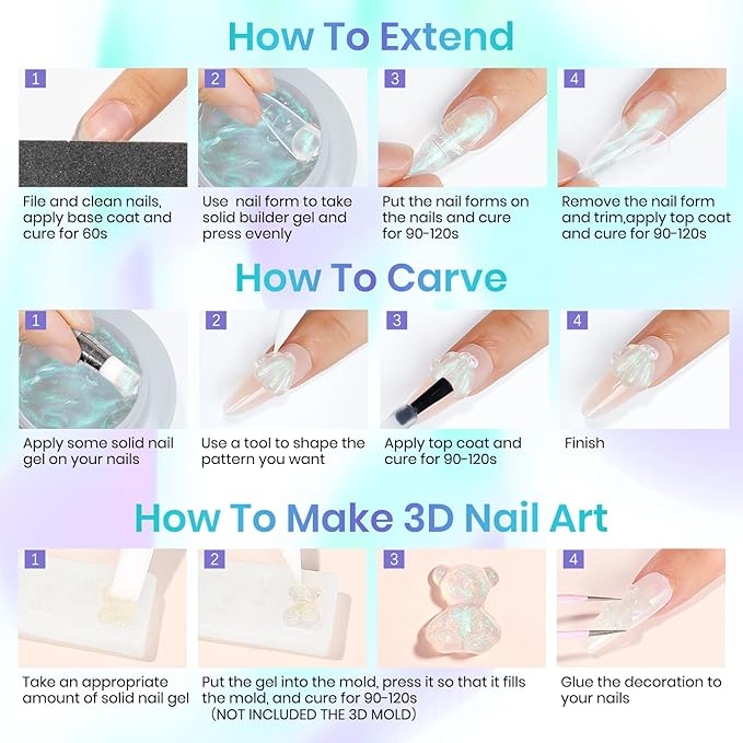 MIZHSE Solid Builder Gel for Nails – 2PCS 1oz Mermaid Pearl & Clear Hard Gel Kit with Nail Forms 3D Mold Soak-off U V 3D for Nails Extension for Salon Manicure Home DIY-VivaGrace Women