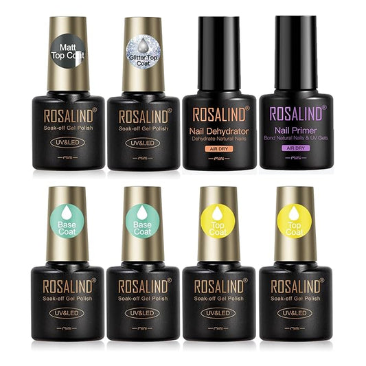 ROSALIND 8 PCS Nail Prep Dehydrator and Primer with Base Coat Top Coat, Glossy Glitter Matte Top Coat for Acrylic Gel Nail Polish Nail Art Supplies Gift-VivaGrace Women