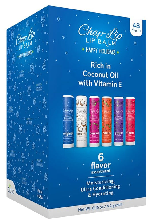 Rich in Coconut Oil & Vitamin E - Moisturizing, Ultra Conditioning & Hydrating - Total Lip Moisturizer & Lip Therapy Treatment - Happy Holidays 6 Flavor Assortment, 48 Count-VivaGrace Women