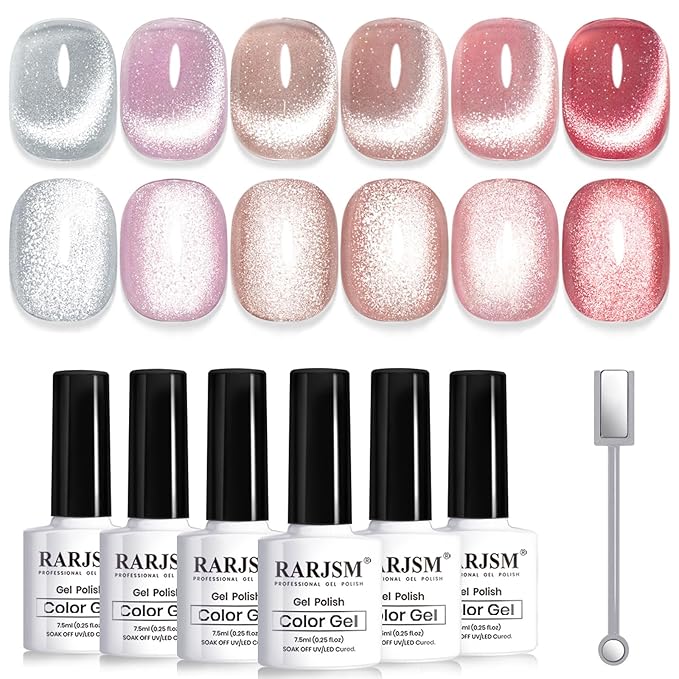 RARJSM Cat Eye Gel Nail Polish Set 6 Pcs Magnetic Sparkle Diamond Glitter Nude Pink Light Purple Red Silver Sheer Pink Velvet Ice Jelly Gel Polish with Magnet Stick UV LED Curing Requires Soak Off-VivaGrace Women