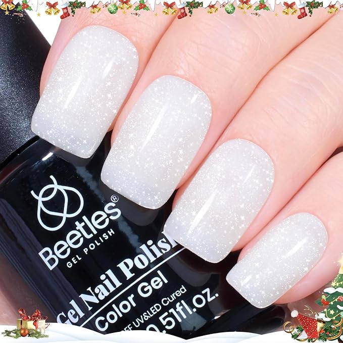 Beetles White Gel Nail Polish-15 ml Shimmer Glitter Milky White Gel Nail Polish Soak Off UV/LED Lamp Nail Art Manicure Salon DIY for French Nail Home Gift for Women Girls