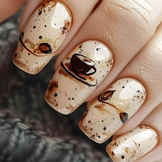 Coffin Press on Nails Short Fake Nails Fall Winter False Nails with Designs Glue on Nails Short Nail Press ons Sparkly Artificial Nails Cute Stick on Nails for Women 24Pcs