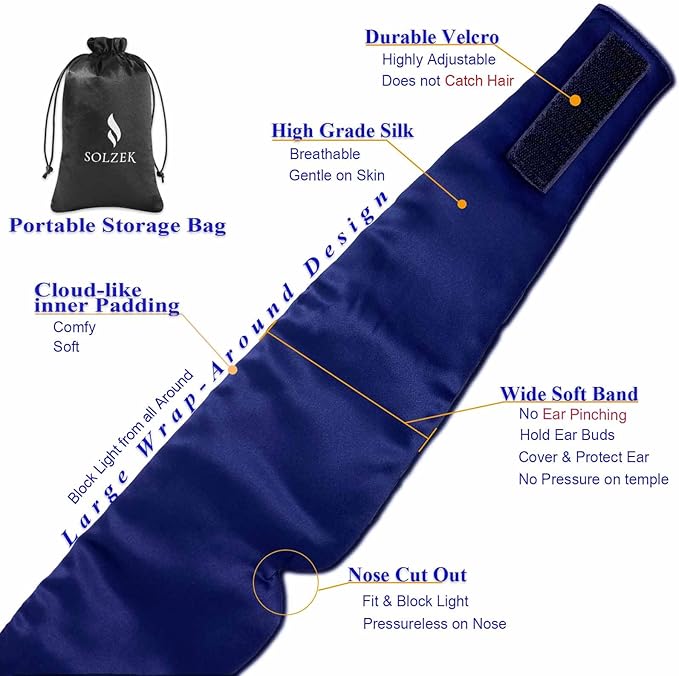 Nature Silk Sleeping Mask Soft Featherweight Eye Mask Large Wrap-Around Blindfold with Adjustable Velcro Blackout for Wild Sleeper Nose Cut (NavyBlue)-VivaGrace Women