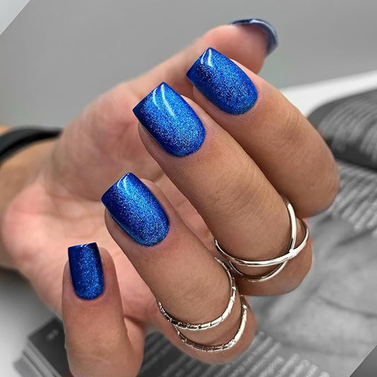 KQueenest Royal Blue Glitter Press on Nails Short Nails Glue On, Sparkle Bling Fake Nails Short, Cute Acrylic Nails Press ons, Luxury Shiny Stick on Nails For Women Festival Decoration in 24 Pcs