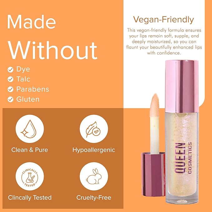 Queen Cosmetics Lip Plumper Gloss, 0.5 Fl Oz. High Shine Finish, Long Lasting Paraben Free Hyaluronic Acid & Vegan - Hydrating Lip Gloss & Moisturizing Mega Volume Lip Plumping Gloss (Glazed Donut)-VivaGrace Women