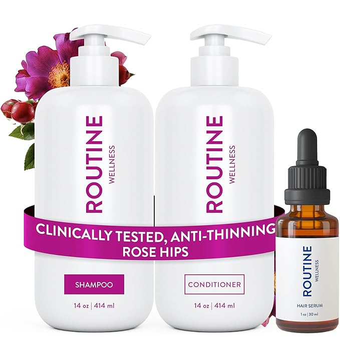 Routine Wellness Shampoo and Conditioner Set and Hair Serum for Thinning Hair - DHT Blocker Women & Men - Color Safe Shampoo for Hair Loss & Healthier Hair - Rose Hips Set + Serum-VivaGrace Women