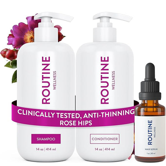 Routine Wellness Shampoo and Conditioner Set and Hair Serum for Thinning Hair - DHT Blocker Women & Men - Color Safe Shampoo for Hair Loss & Healthier Hair - Rose Hips Set + Serum-VivaGrace Women