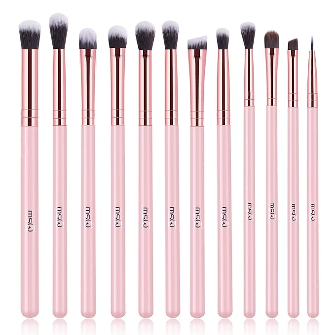 MSQ Eye Makeup Brushes Set with Soft Synthetic Hairs & Real Wood Handle for Eyeshadow, Eyebrow, Eyeliner, Blending (Pink), 12pcs-VivaGrace Women