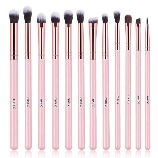 MSQ Eye Makeup Brushes Set with Soft Synthetic Hairs & Real Wood Handle for Eyeshadow, Eyebrow, Eyeliner, Blending (Pink), 12pcs-VivaGrace Women