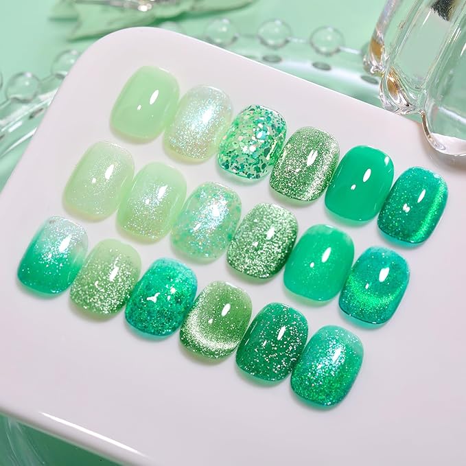 Born Pretty Gel Nail Polish Green Series,Jelly Transparent Gel Nail Polish, Cat Magnetic Eye,Shimmer Glitter Holographic Green Gel Polish Kit for Salon Manicure and Nail Art DIY at Home 6PCS 7ml-VivaGrace Women