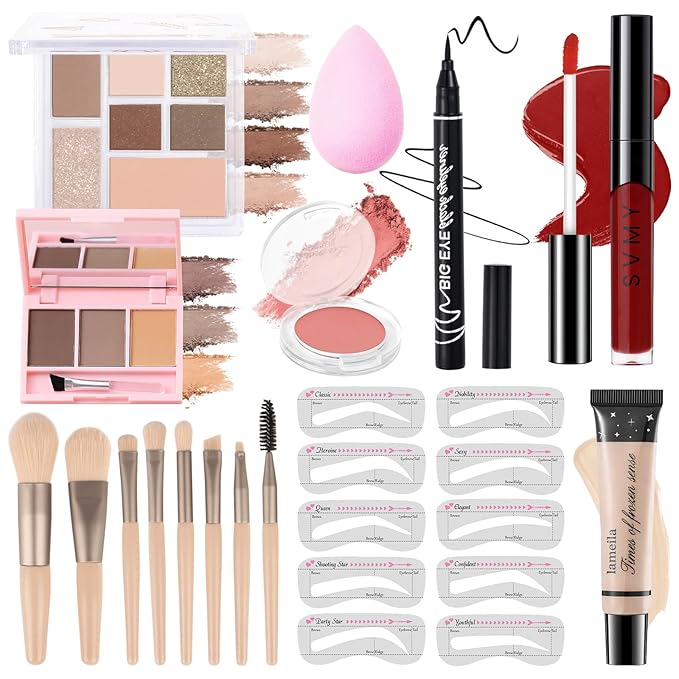 Makeup Kit for Teens Girls, Makeup Present Set for Women, Makeup Full Kit for Beginners, Mini Makeup Bundle Include 7 Nude colors Matte & Shimmer Pigmented Eyeshadow Palette, Eyebrow Powder-VivaGrace Women