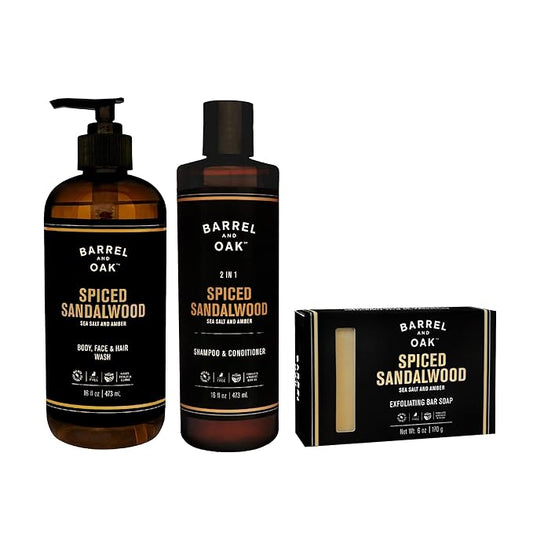 Barrel and Oak - Spiced Sandalwood Body Care Set, Fragrant Sea Salt & Amber Scent, Rich in Essential Oils, Hydrating Formulas, Rich Texture, No Parabens or Phthalates, Certified Organic (3-Pack Set)-VivaGrace Women