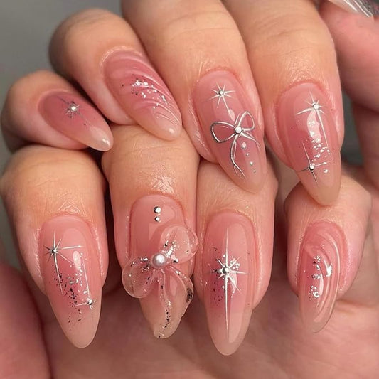 Press on Nails Almond Medium Length Fake Nails with Bow Designs Silver Sequins Glue on Artificial Nails Glossy Y2K False Nails for Women
