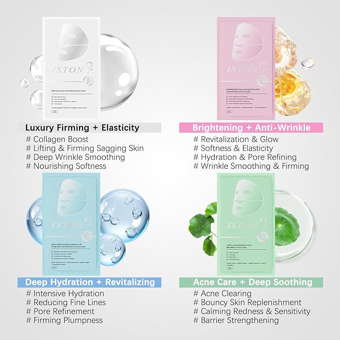 ISTON 4-in-1 Bio-Collagen Real Deep Mask Set -Plump Sagging Skin,Deep Hydration,Soothe & Repair,Nourish & Firm, Overnight Hydrogel Mask for All Skin Type-VivaGrace Women