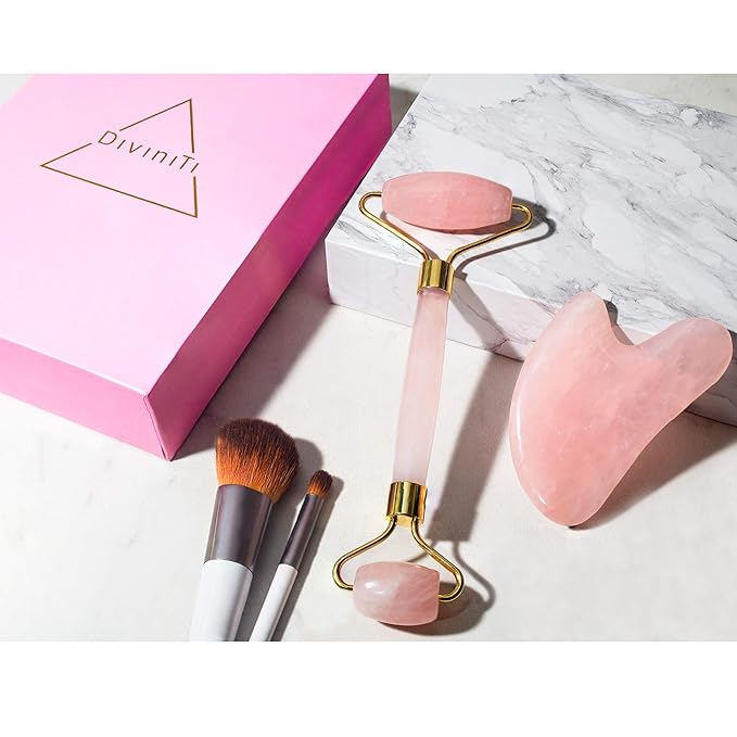 Rose Quartz Face Roller and Gua Sha Set - Face Roller Skin Care - Jade Roller and Gua Sha and Jade Roller for Face Rollers for Women Gifts - Rose Quartz Roller for Face Massage Roller DiviniTi-VivaGrace Women