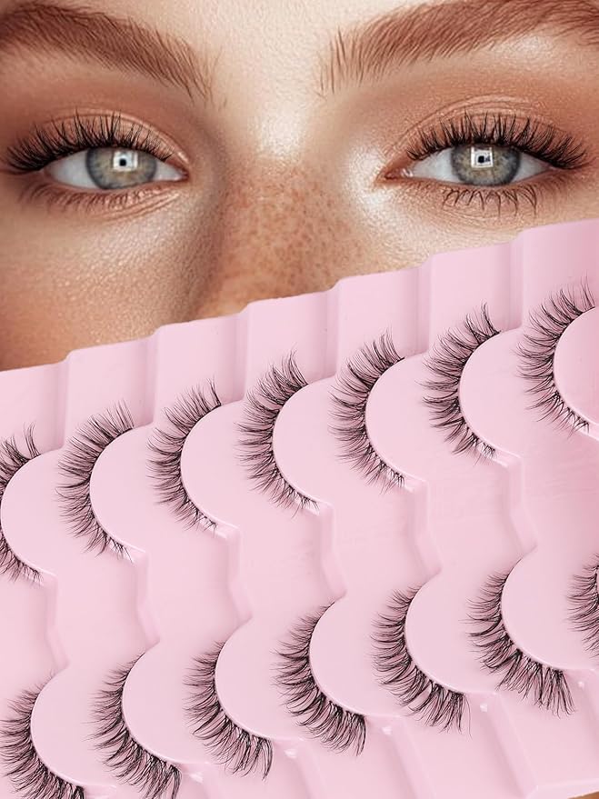 Cat Eyelashes Wispy False Eyelashes Natural 12mm Short Lashes with Thin Band Fake Eyelash 3D Volume Strip Lashes Siligli Eyelash Pack 7 Pair-VivaGrace Women