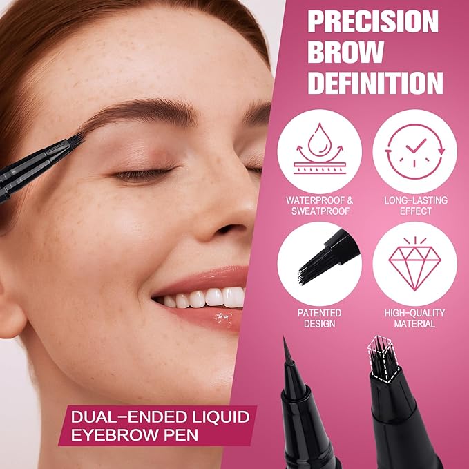 Dual Ended Microblading Eyebrow Pen - 2 in 1 Liquid Eyebrow Pencil with Brow-Fection Angled Brush & Precise Detail Brush-Tip, Shapes & Fills Hair-Like Looking Brows, Lasts All-Day, Brown-VivaGrace Women