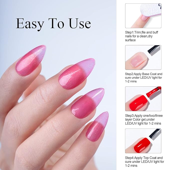 Imtiti Golden Shimmer Rose Red Jelly Gel Nail Polish, UV LED Soak Off Gold Glitter Clear Rose Pink Jelly Nail Polish,Sparkle Clear Pink Translucent Gel Polish