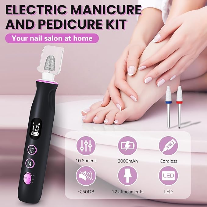 Electric Nail Drill, Cordless 2000 mAh Rechargeable Portable Nail File 12 in 1 Kit for Thick Toenails, 10 Speeds Nail Dril Machine Professional Manicure Pedicure for Hand Natural Nails Care (Black)-VivaGrace Women