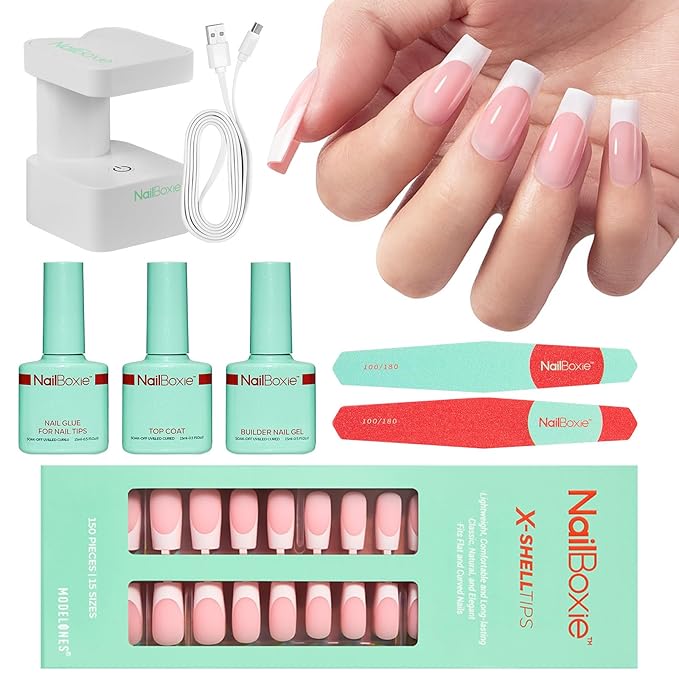 Gel Nail Kit, Top Coat, Nail Builder Gel and Nail Glue for Nail Tips, Press On Nails Kit with LED Light, 150 PCS Long Pink Square, 15 Sizes French Tip Press on Nails-VivaGrace Women