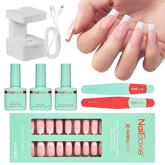 Gel Nail Kit, Top Coat, Nail Builder Gel and Nail Glue for Nail Tips, Press On Nails Kit with LED Light, 150 PCS Long Pink Square, 15 Sizes French Tip Press on Nails-VivaGrace Women