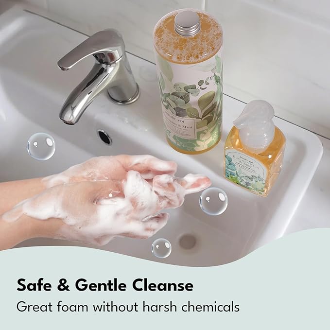 Eucalyptus & Mint Scented Foaming Hand Soap Refill Gift Set - 3 Pack with Dispenser, Non-Toxic and Biodegradable Formula, Moisturizing Essential Oils for Sensitive Skin (33.8 Fl Oz x 3)
