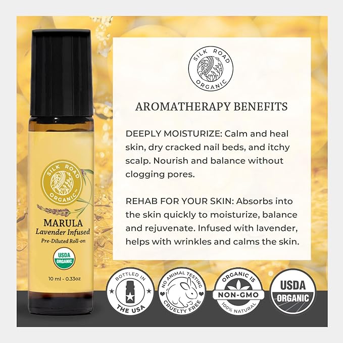 Silk Road Organic Marula Seed & Lavender Essential Oil, 100% Pure USDA Certified Aromatherapy, Deep Hydration for Face, Body, Lips, Hair, Nails - 10 ml Roller by Silk Road Organic-VivaGrace Women