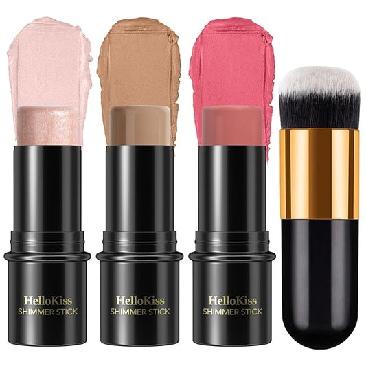 3 Pcs Face Contour Stick Kit, Matte Finish Face Stick Trio with Bronzer Blush Highlighter and Brush, Long Lasting Waterproof Cream Beauty Wand Makeup Set for Sculpt Glowing Face Look (#3, 9, 12)-VivaGrace Women