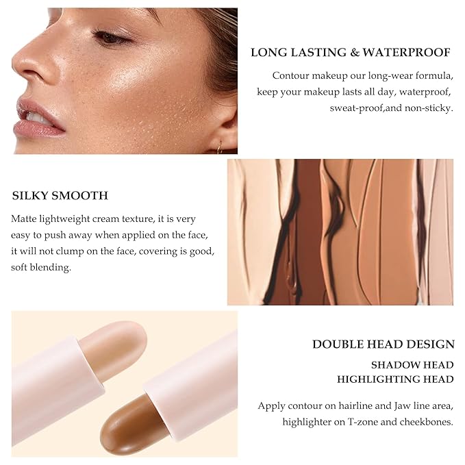 Boobeen Highlight and Contour Stick Dual-ended Contouring Cream Makeup Pencil Kit, Long Lasting & Waterproof Face Bronzer and Highlighter Makeup Stick Shadow Pen, Pack of 1-VivaGrace Women