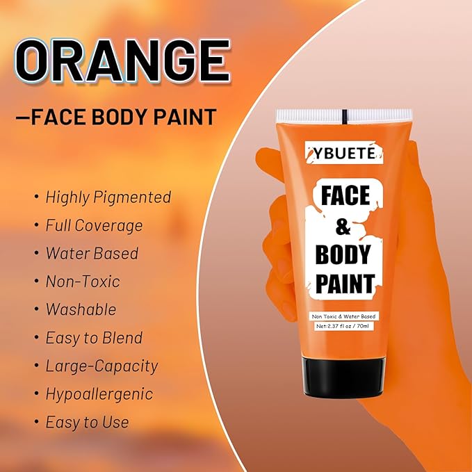 Orange Water Based Face Body Paint, 2.37 OZ Large Tube Full Coverage Face Paint for Tiger Pumpkin Cosplay, Washable Orange Body Painting Cream for Adult Carnival Halloween SFX Makeup-VivaGrace Women