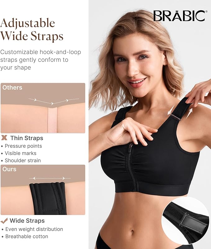 BRABIC Zip Front Closure Everyday Bra for Women Post Surgery Compression Support with Adjustable Straps Wirefree-VivaGrace Women