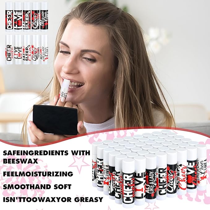 50 Sets Cheer Gifts Bulk 50 Cheer Lip Balm Bulk Moisturizing with 50 Organza Drawstring Gift Bags 50 Tags Cheerleader Gifts Cheer Gifts Bulk for Team (Red)-VivaGrace Women