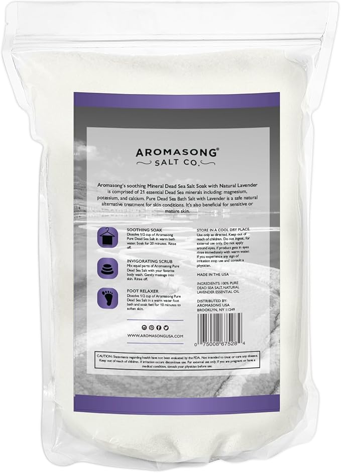 Aromasong Pure Dead Sea Salt for Soaking with 100% Natural Lavender, 5 LB - Spa Bath Salt Fine Grain - Body Wash Scrub - Soak for Women & Men- Bulk Resealable Pack (Packaging May Vary)-VivaGrace Women