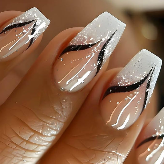 Coffin Press on Nails French Tip Fake Nails Medium False Nails with Glitter Designs Medium Coffin Nail Press ons Nude Full Cover Glue on Nails Cute Stick on Nails for Women 24Pcs