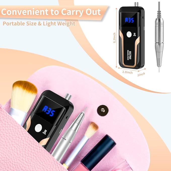 Portable Nail Drill Professional 35000 RPM, MOCOWIND Rechargeable Electric Nail File Machine for Acrylic Nails Gel Polishing Removing, Cordless E-File with Bits Kit for Manicure Salon Home, Black-VivaGrace Women