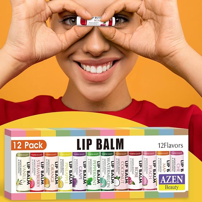 AZEN 12 Pack Lip Balm, Natural Lip Balm Bulk, Lip Care Product, Moisturizing Lip Balm for dry cracked lips - 12 Flavors-VivaGrace Women