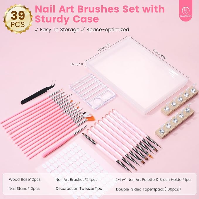 Quaferen Nail Brushes for Nail Art 39PCS Nail Brush Tools Set with Nail Stand Holder 2-in-1 Nail Art Palette Professional Acrylic Nail Brushes Kit for Beginners Home Salon-VivaGrace Women