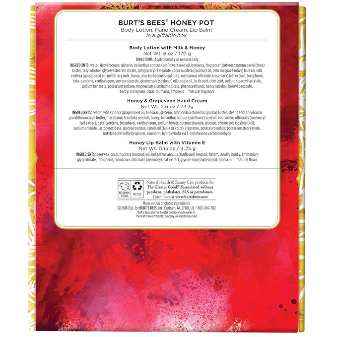 Burt's Bees Honey Pot Holiday Gift Set, 3 Honey Skin Care Products - Milk & Honey Body Lotion, Honey & Grapeseed Hand Cream and Honey Lip Balm-VivaGrace Women