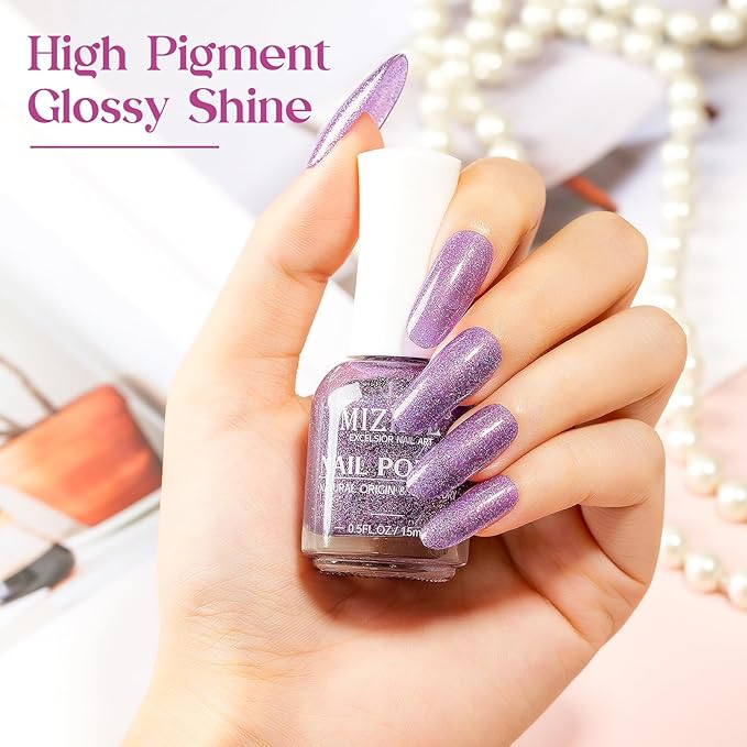 MIZHSE Air Drying Fast Nail Polish, Glitter Purple Nail Polish Non Gel Quick Dry, 15ml/0.5 fl oz Regular Sparkle Shimmery Oil-based Lacquer Full Coverage Nail Art Manicure DIY Home