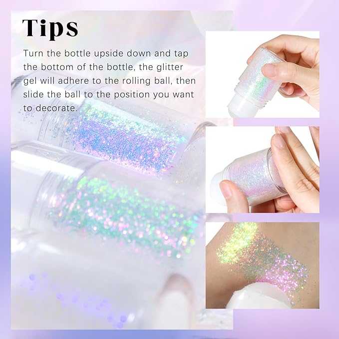 2 Colors Roll-on Body Glitter Gel, Holographic Glitter Gel Under Light for Face Hair, Body Shimmer for Rave Accessories Christmas New Year Halloween Makeup (11+13)-VivaGrace Women