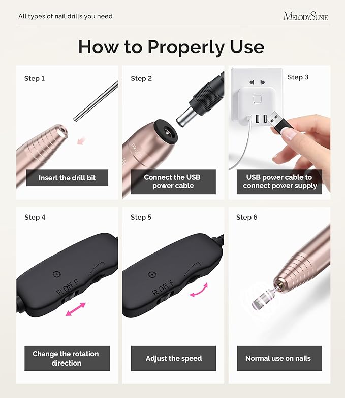 MelodySusie Electric USB Nail Drill Machine,PC120I Portable Electric Nail File Efile Set for Acrylic Gel Nails, Manicure Pedicure Tool with Nail Drill Bits Sanding Bands Gold-VivaGrace Women