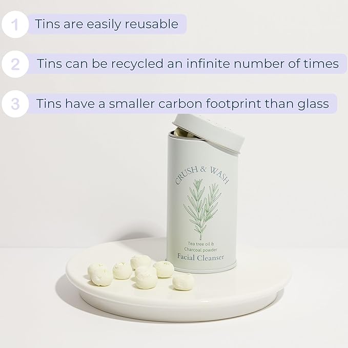 3-in-1 Solid Facial Cleanser, Exfoliator, and Wash-off Mask - Vegan, Cruelty-Free, Plastic-Free, Travel-Friendly, 1 Month Supply (60 Crushable Tablets) in Tin (Calming Beans in Tin)-VivaGrace Women