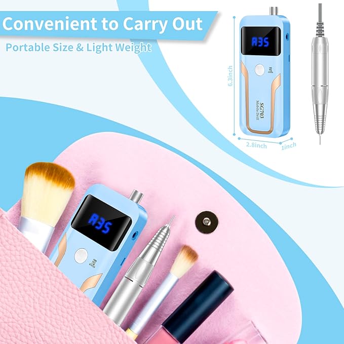 Portable Nail Drill Professional, 35000 RPM Rechargeable Electric Nail File Machine E File for Acrylic Nails Gel Polishing Removing, Cordless E-file with Bits Kit for Manicure Salon Home,Blue-VivaGrace Women