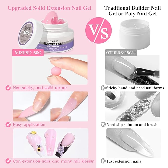 MIZHSE Solid Nail Builder Gel, 2.1 oz 60g Pink Builder Gels for Nails Non-Sticky Solid Builder Extensions Hard Gel with 24pcs Dual Forms and Silicone Pen 3D Art Manicure Set-VivaGrace Women